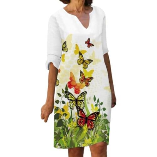 Soft Chic V Neck Loose Midi Dress Women Midi Dress Butterflies Print Sundress