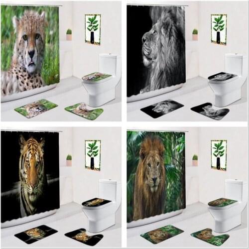 Lion Tiger Bathroom Set Shower Curtains Africa Tropical Rainforest Animal Non-Slip Flannel Carpet Bath Mat Door Pad Toilet Cover
