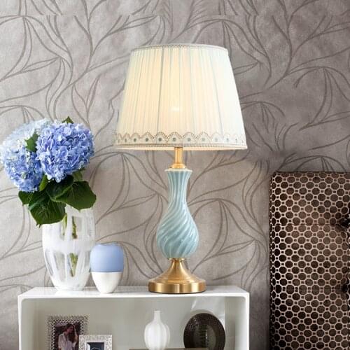 SAROK Luxury Decorative Table Lamp Blue Ceramic LED Copper Bedside Desk Light For Home Study Foyer Office Bed Room