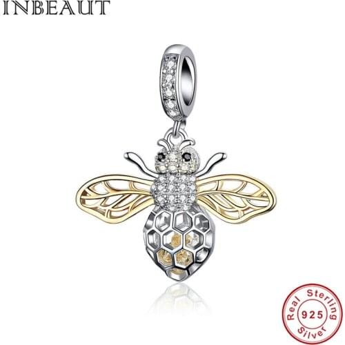 INBEAUT 100% 925 Sterling Silver Cute Beed Beads Gold-color Wing CZ Honeybee Charm fit Brand Bracelet Women Fashion Jewelry