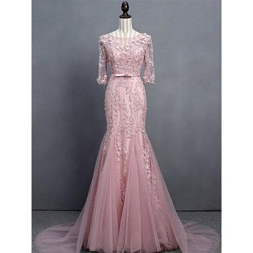 Mermaid Evening Dresses Scoop Neck Half Sleeve Tulle Evening Party Gowns Appliques Beading Sashes Formal Dresses Robe De Soiree