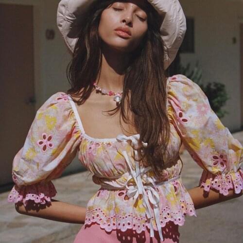 Bohemian Floral Embroidery Cotton Blouses Womens 2021 Boho Elegant Puff Sleeve Bow Tops for Women Summer Clothing