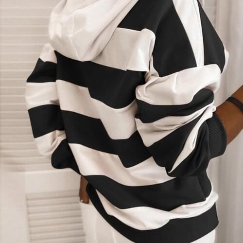 Women Casual Autumn Stripes Color Block Drawstring Hood Sweatshirt Hoodie Blouse