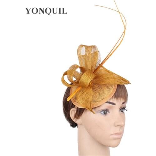 Gold Sinamay Wedding Hair Fascinato Bride Sinamay Hat Headwear Fashion New Ladies Formal Occasion Headpiece Fancy Feather Hats