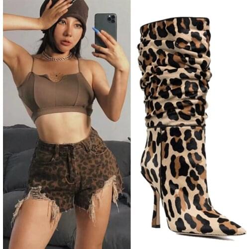Sexy Leopard Print Pleated Ankle Boots Women Stiletto High Heels Pointed Toe Shoes Women Botines Mujer Slip-On Botas de mujer