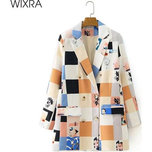 Wixra Womens Blazer Jacket High Street Double-breasted Pocket Cartoon Coat New Fashion Autumn and Spring