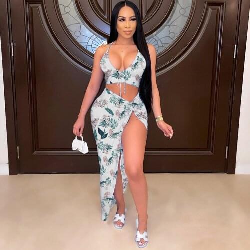 Floral Print Summer Two Piece Dress Set Summer Outfit for Women Spaghetti Strap Crop Top and Side High Split Maxi Skirt 2021