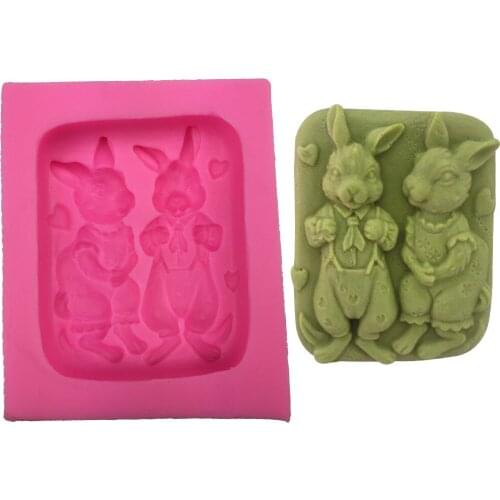 3D handmade soap mold rabbit Husband and wife Couple cake decorating tools DIY baking fondant silicone mold T0291