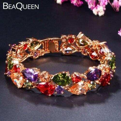 BeaQueen Big Wide Wedding Bracelets Bangles Dubai Gold Color Multicolored Water Drop CZ Stone Paved Women Hand Jewelry B162