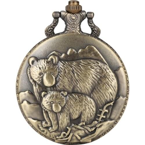 Retro Bronze Polar Bear Figure Necklace Quartz Pocket Watch Bear Baby Pattern Chain Pendant Gifts for Men Women Jewelry reloj