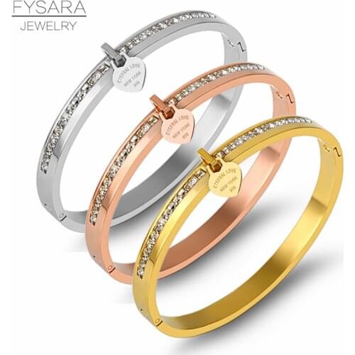 FYSARA Fashion Bangles Heart Tag Bracelets Stainless Steel Classic Style Gold Zircon Bangles & Bracelets For Women Accessories