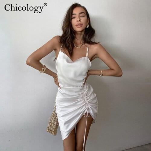 Chicology satin backless sexy party mini dress thin strap bandage bodycon elegant outfit 2020 summer women sleeveless clothes