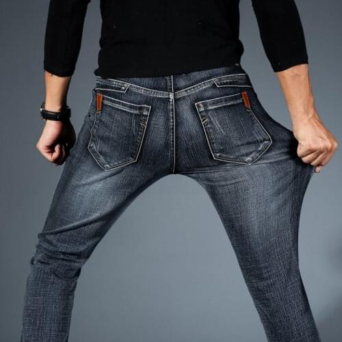 Mens High Waist Stretch Pants Spandex Denim Slim Jeans Business Brand Fashion Advanced Pants Blue Breathable Pants Bottoms Plus