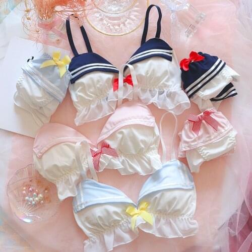 Kawaii Cup Japanese Sexy Cute Bra and Panty Set Underwear for Young Women Student Lolita Style Bras Bralette Set Thong Female