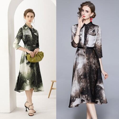 Summer womens high-end temperament retro elegant ink printing lapel dress