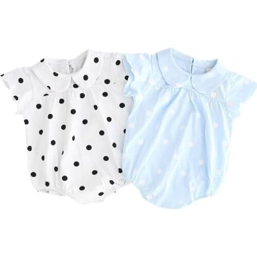 Newborn Baby Girl Summer Short Rompers Black Polka Dot Little Girl Clothes Lovely Peter Pan Collar Ruffled Sleeve Onesies Outfit
