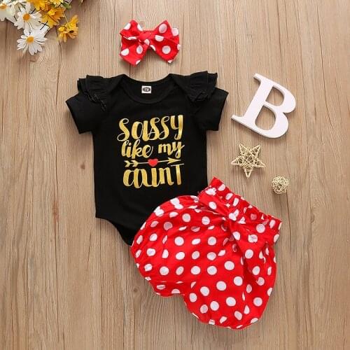 Summer Three Piece Baby Girls Outfit Clothes Sweet Letter Short Sleeve Romper and Polka Dot Shorts with Headband Set