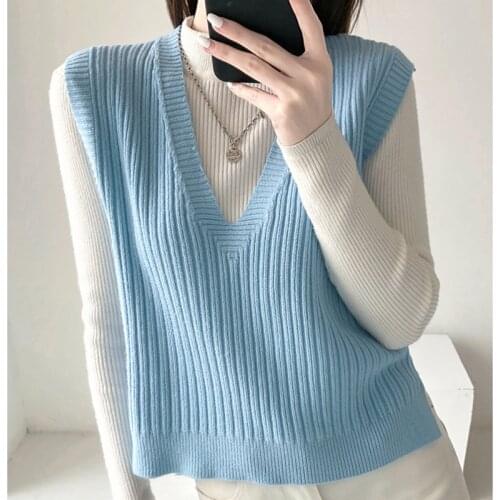 LJSXLS Solid V-neck knitted Vest Womens Sweater 2021 Spring Autumn Korean Loose Blue Sweater Vest Women All-match Sleeveless Top