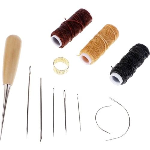 12 Pieces Basic Hand Stitching Leathercraft Set Curved Needles Waxed Thread Awl and Thimble for Leather Upholstery Carpet Canvas