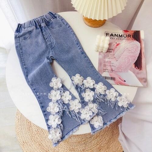 2021 New Fashion Baby Girl Jeans Kids Bell Bottoms Girl Flower Jeans Elastic Bell Pants Girls Pants Age 3-7Y High Qualtiy