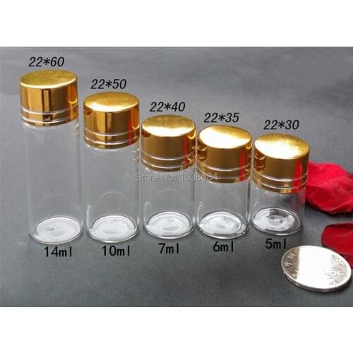 Wholesale 10 Pcs 7ml Small Clear Empty Bottles Glass Vials With golden Screw Caps 22*40MM