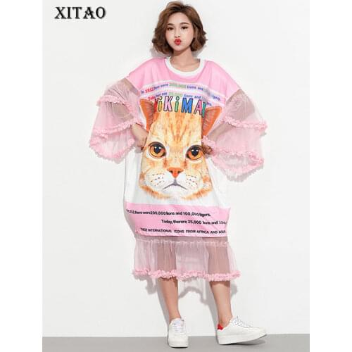 XITAO Thailand Street Print Women Dress Summer O Neck Long Sleeve Cat Pattern Splicing Mesh Tide Women Clothes New DLL2101
