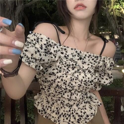 Short off shoulder chiffon floral shirt womens summer French design puff sleeve slash neck short-sleeved tops female