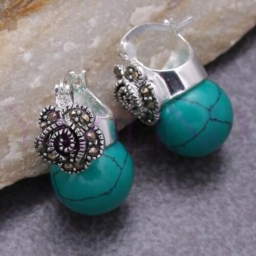 Stone Green Round Ball 925 Sterling Silver Hooks Earring