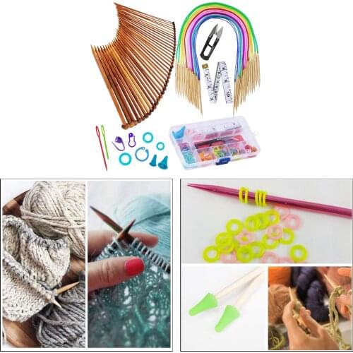 Knitting Needles Set 2-10mm Premium Portable Pro Single Pointed Bamboo Circular Sweater for Handmade DIY Weave Project Crafts