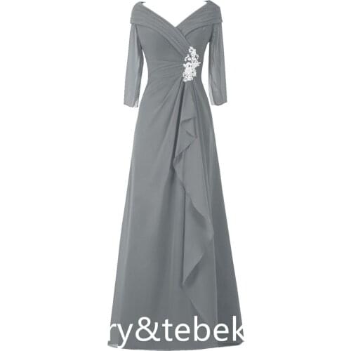 A-Line 3/4 Length Sleeves V-Neck Floor-Length Pleats Appliques Zipper-Up Plus Size Mother of the Bride Dress 2021