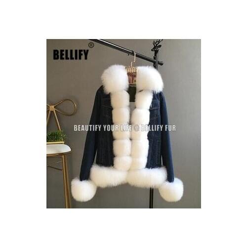 Top quality Natural Fox Fur collar Denim Cotton padded coats jackets New Fashion Russian Style spring fur jackets