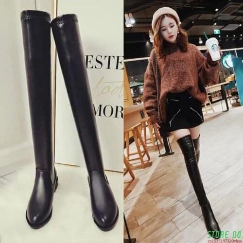 2020 Womens Pu Leather Over-the-knee Thin Flat-bottomed Low-mid-heeled Over-the-knee Long High-barrel Elastic Boots