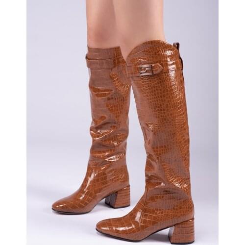 Brand autumn winter dress shoes women knee-high boots fashion crocodile pattern microfiber runway shoes high heels shoes woman