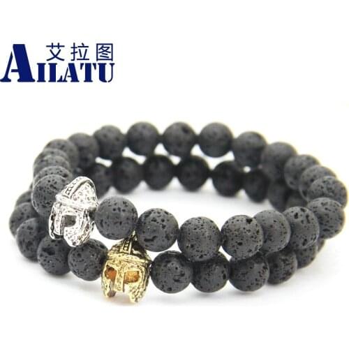 Ailatu New Design 8mm Black Round Lava Stone Roman Spartan Warrior Helmet Bracelet Fashion Jewellry for Men