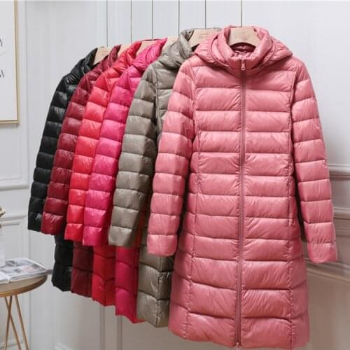 90% White Duck Long Down Jacket Woman Solid Thin Stand Collar Hooded Fashion Slim Autumn And Winter Casual Basic Coat