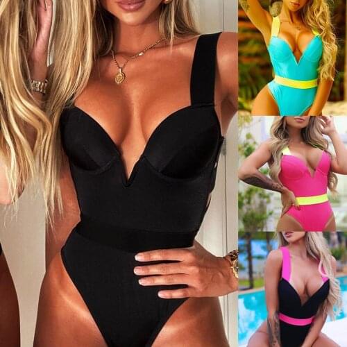 Womens Swimsuit Sexy Swimwear High Waist Bikinis 2021 Deep V-neck One Piece Bikini Push-up Bathing Suit Swim Bodysuit Monokini