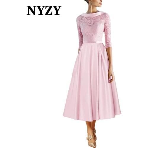 M345A NYZY Elegant Satin Bowl Neck Half Sleeves Tea Length Pink Mother of the Bride Dresses 2021 Cocktail Dress Evening Gown