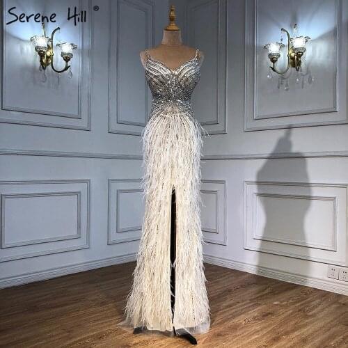 Red Mermaid V-Neck Luxury Dubai Evening Dresses 2020 Sleeveless Feathers Beading Formal Dress Women Elegant Serene Hill BLA70623