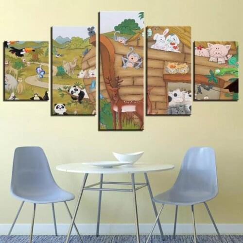 Cartoon Cute Animal Happy Park Panda Monkey Wall Painting Childrens Room Decoration Home Frameless Printing 5Pcs Canvas Poster