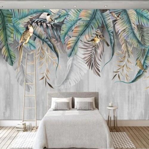 Milofi custom large wallpaper mural Nordic plants leaves flowers and birds living room background wall decoration painting