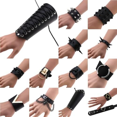 QIAMNI Handmade Harajuku Punk Goth Sexy PU Leather Bangle Wrist Cuff Wristband Bracelet Unisex Couple Club Party Gift Pulseras
