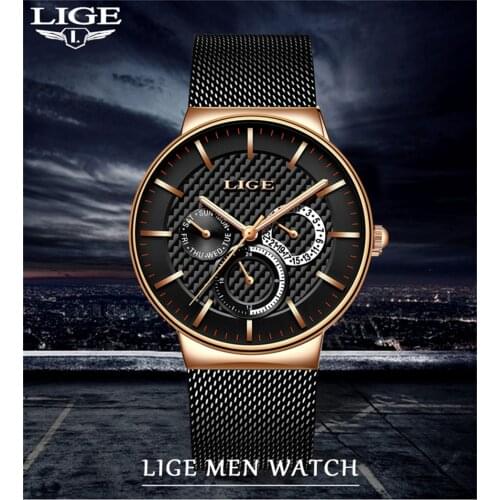 LIGE 9836 Luxury Trend Mens Business Quartz Watch Casual Slim Steel Mesh Band Waterproof Sport Wristwatches Clock Male