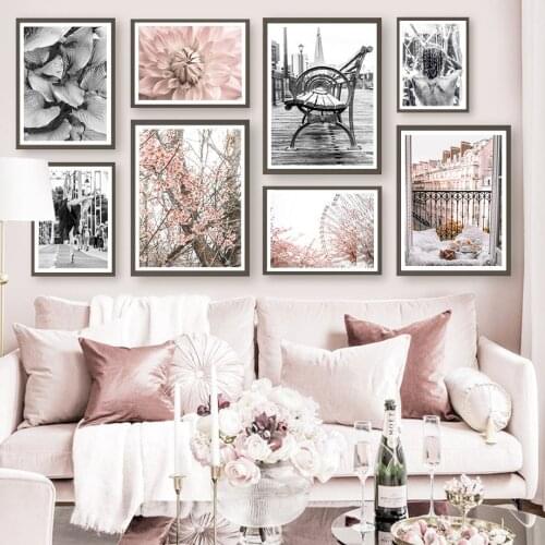 Black White Dancer Bench Pink Flower Balcony Wall Canvas Painting Nordic Posters And Prints Wall Pictures For Living Room Decor