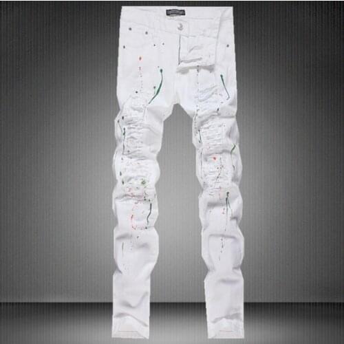 Cut torn paint white jeans mens slim straight trousers calcas masculino hot-selling fashion джинсы мужские карго autumn winter