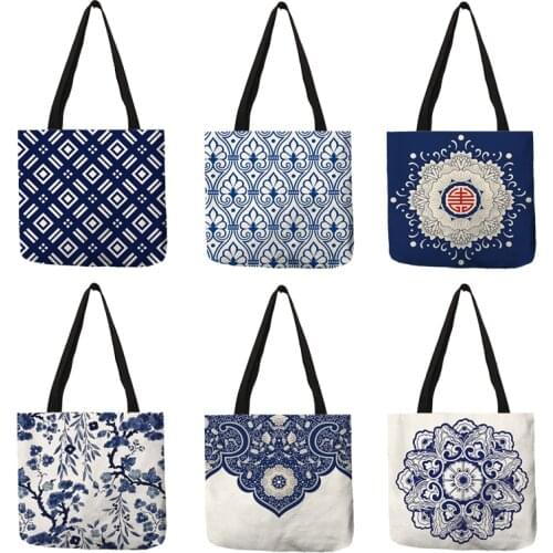 Elegant Lady Girls Handbag Floral Porcelain Geometry Abstract Pattern Shoulder Bag Casual Teenager Book Tote for Shopping