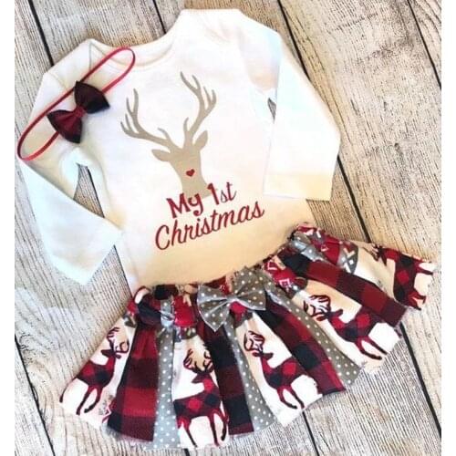 FOCUSNORM 3pcs Christmas Baby Girls Boys Clothes Sets 0-24M Deer Print Long Sleeve Romper+Plaid Patchwork Skirts Headband