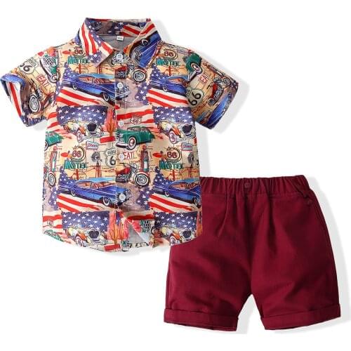 Independence Day 2Pcs Kids Summer Outfits American Flag Print Short-Sleeves Button-Open Shirt + Solid Color Shorts Suit Boys