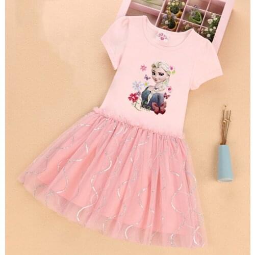 Summer Kids Dresses for Girls Frozen Elsa Short Sleeve Princess Costume Mesh Sequins 4-8 Year Children Birthday Outfits