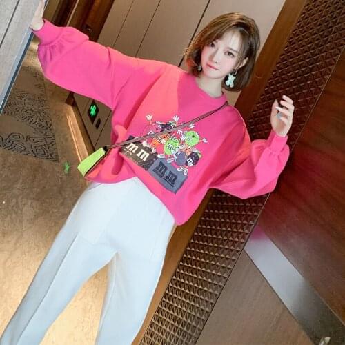 Fashion cartoon printed letters left shoulder sleeve big get loose cover meat fleece new high-end womens clothing in winter