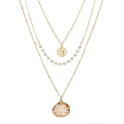 Fashion Womens Multistory Necklace Elizabeth Coin Necklace Handmade Pearl Natural Shell Necklace